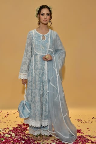 Rachit Khanna Cerulean Blue Embroidered Anarkali Suit 