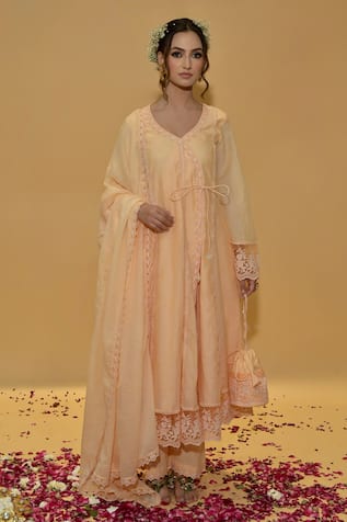 Rachit Khanna Peach Angrakha Anarkali Set 
