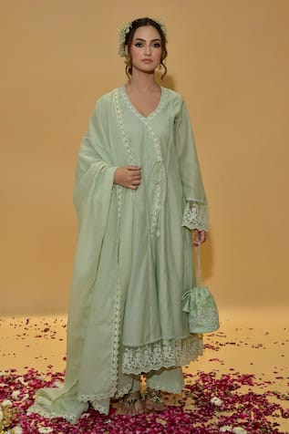 Rachit Khanna Sage Green Angrakha Anarkali Set 