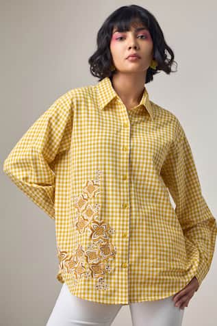 MAISOLOS Yellow Gingham Embroidered Shirt 