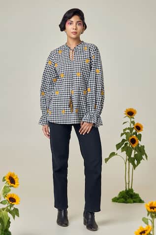 MAISOLOS Black & White Checks Embroidered Top 