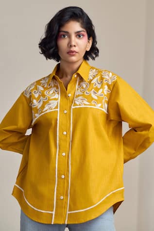 MAISOLOS Mustard Embroidered Designer Shirt 