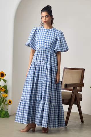 MAISOLOS Blue & White Checked Maxi Dress 