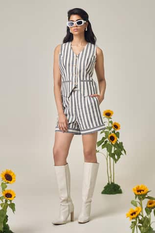 MAISOLOS Ivory & Black Striped Waistcoat & Shorts Set 