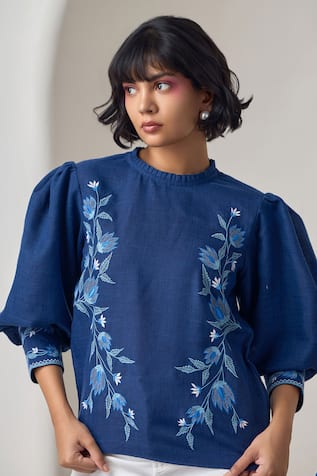 MAISOLOS Navy Blue Embroidered Designer Top 