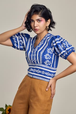MAISOLOS Embroidered Blue Cotton Linen Top 