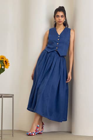 MAISOLOS Navy Blue Jute Linen Skirt Set 