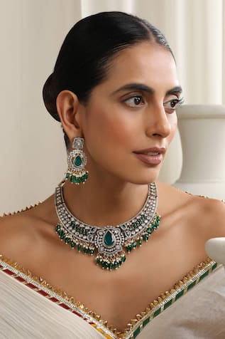 SWABHIMANN Green Gold Polki Necklace Set 
