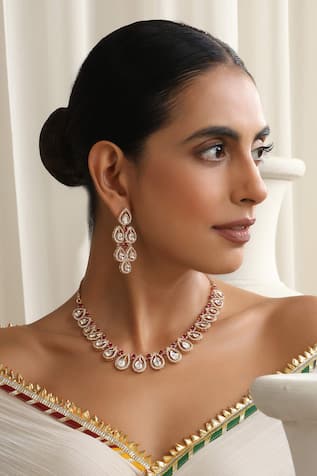 SWABHIMANN Red Rose Gold Polki Necklace Set 