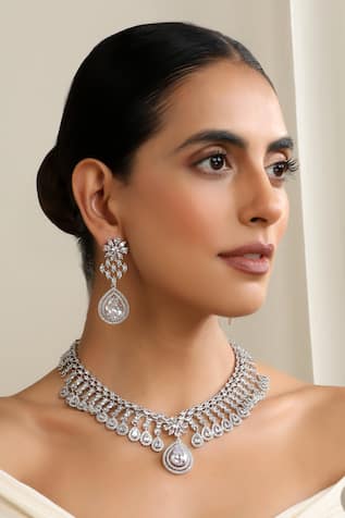 SWABHIMANN White Silver Zirconia Necklace Set 