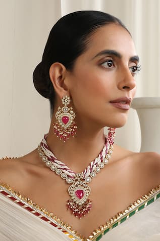 SWABHIMANN Red Embellished Polki Necklace Set 