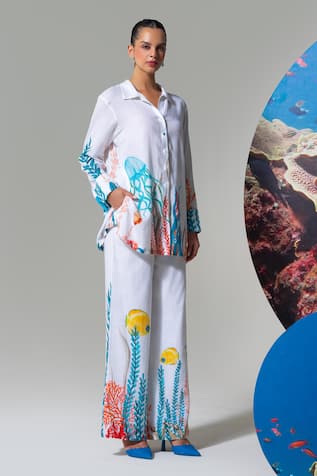 Nautanky Coral Print Cotton Linen Pant Set 