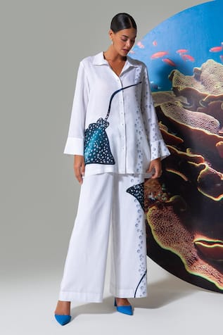 Nautanky White Printed Cotton Linen Pant Set 
