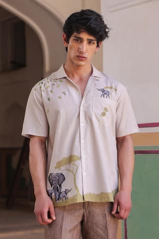Raw & Rustic by Niti Bothra Elephant Embroidered Cuban Collar Shirt 