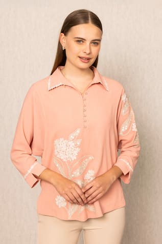 RANNA GILL Peach Meher Eyelet Top 