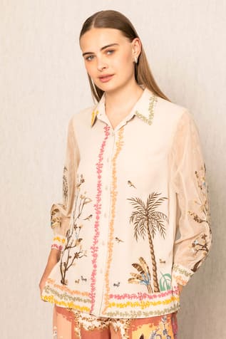RANNA GILL Floral Embroidered Beige Shirt 