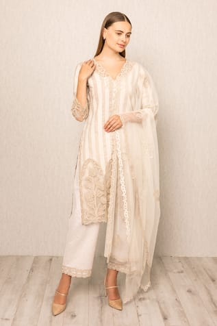 RANNA GILL Beige Linen Stripe Kurta Set 