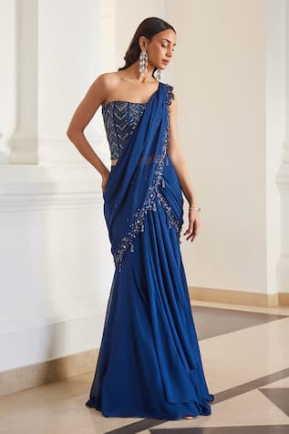 Label Sanya Gulati Teal Blue Pre-Draped Saree With Corset 