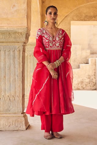 Vinita Bhansali Red Pure Silk Anarkali Set 