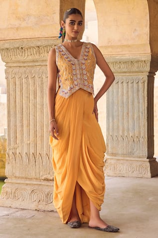 Vinita Bhansali Yellow Pure Crepe Silk Waist Coat & Skirt Set 