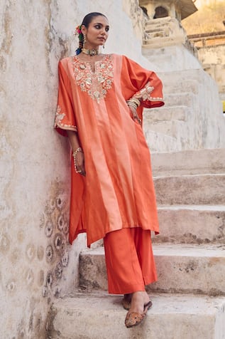 Vinita Bhansali Saanjh Orange Silk Kaftan Set 