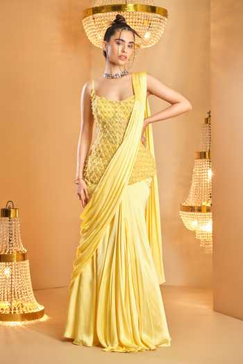 K & A By Karishma And Ashita Yellow Pre-Draped Saree Set 