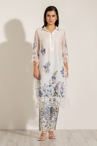 RANNA GILL Clara White Floral Embroidered Kurta 
