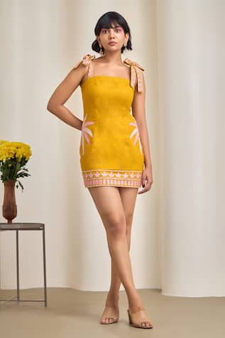 MAISOLOS Mustard Cotton Linen Short Dress 