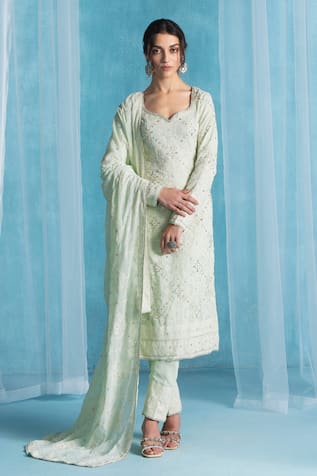 LASHKARAA Soft Mint Embroidered Kurta Set 