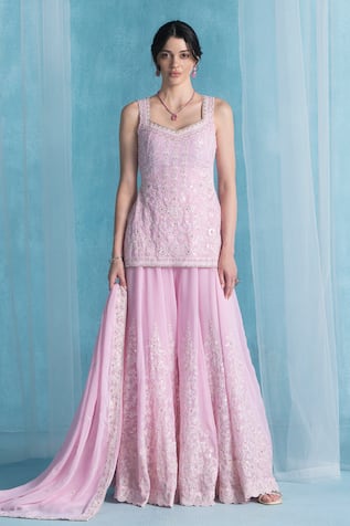 LASHKARAA Embroidered Pink Kurta Sharara Set 