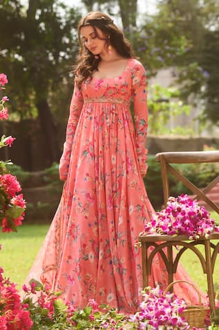 LASHKARAA Coral Floral Anarkali Set 