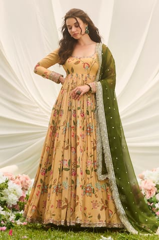 LASHKARAA Mustard Green Floral Anarkali Set 
