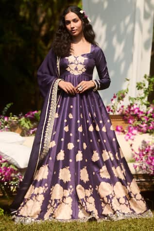 LASHKARAA Navy Blue Floral Anarkali Set 