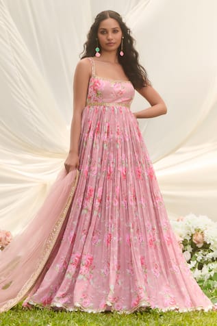 LASHKARAA Dusty Pink Floral Anarkali Set 