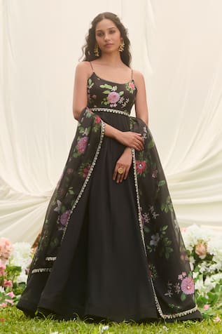 LASHKARAA Black Floral Embroidered Anarkali Set 