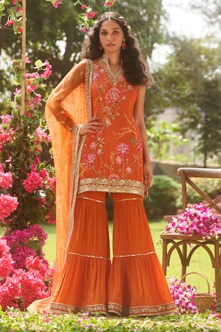 LASHKARAA Orange Silk Embroidered Kurta Set 
