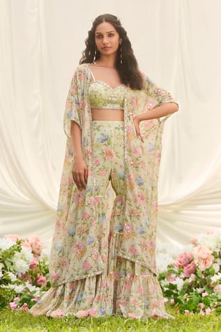 LASHKARAA Mint Green Floral Cape Sharara Set 