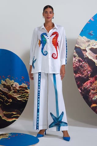 Nautanky Designer White Seahorse Print Pant Set 