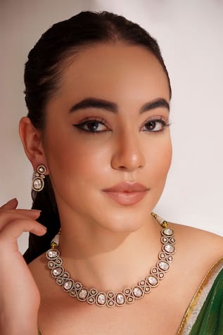 ZEVAR BY GEETA Gold Finish Zircon Necklace & Earring Set 