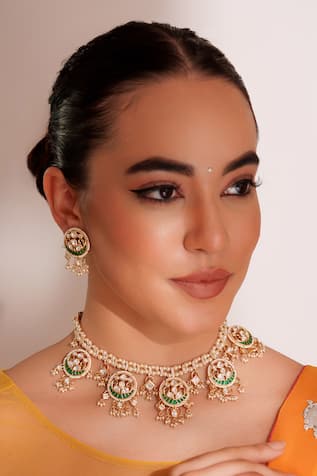 ZEVAR BY GEETA Kundan Polki Green Necklace & Earring Set 