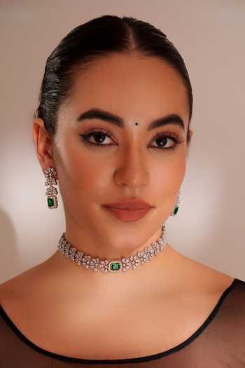 Zevar By Geeta Designer Green Faux Diamond Jewellery Set 
