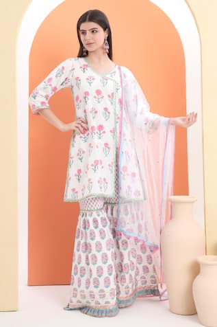 MINIME ORGANICS Off White Floral Print Kurta Set