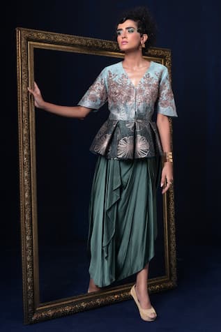 Adi By Aditya Khandelwl Hand Embroidered Peplum Top & Skirt Set 