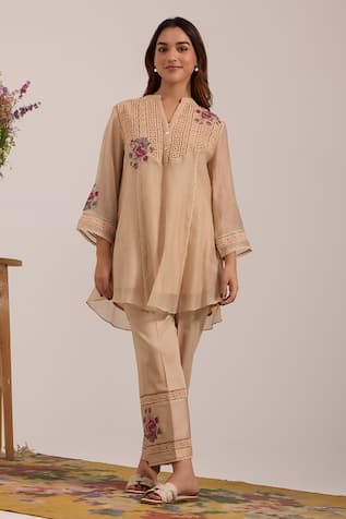 OMI Beige Embroidered Top & Pant Set 