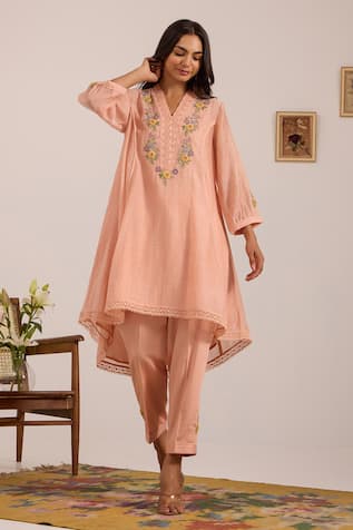 OMI Peach Embroidered Kurta Set 