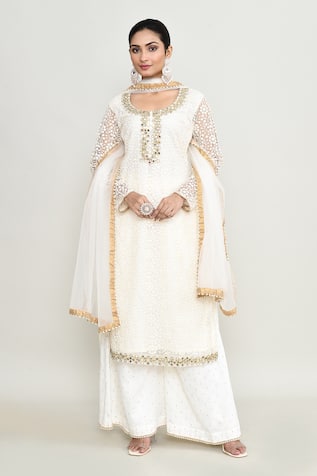 Abbaran Embroidered Off White Kurta Palazzo Set 