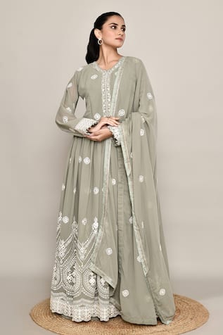 Abbaran Dusty Green Embroidered Anarkali Set 