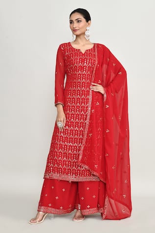Abbaran Red Net Embroidered Kurta Set 