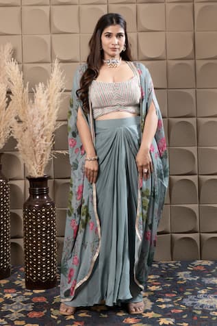 LABEL FLAMINGO BY VRINDA Aqua Drape Set with Floral Cape 