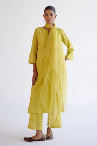 Devnaagri Yellow Silk Chanderi Kurta Set 